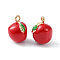 Brass Enamel Charms, Imitation Fruit, Light Gold, Apple, Red, 13x10mm, Hole: 1.2mm