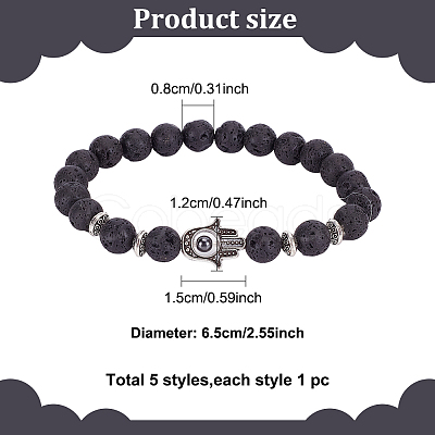 ANATTASOUL 5Pcs 5 Style Natural & Synthetic Mixed Gemstone Round & Hamsa Hand Beaded Stretch Bracelets Set for Women BJEW-AN0001-33-1