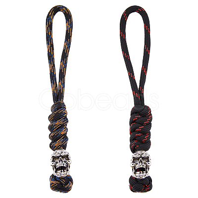 HOBBIESAY 2Pcs 2 Colors Braided Polyester EDC Knife Parachute Lanyard Alloy Skull Bead Pendant Decoration for Men HJEW-HY0001-07-1