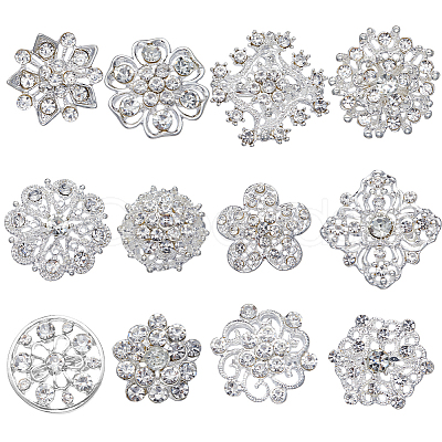 Gorgecraft 12Pcs 12 Style Crystal Rhinestone Flower Brooch Pins JEWB-GF0001-36B-1