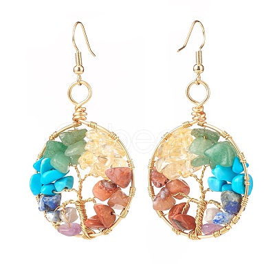 Natural & Synthetic Mixed Gemstone Chips Braided Ring with Tree of Life Dangle Earrings EJEW-JE04878-03-1