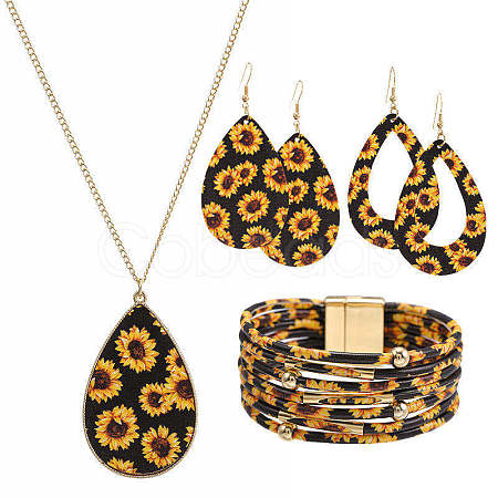 Sunflower Pattern Imitation Leather Teardrop Pendant Necklace & Dangle Earrings & Multi-Strand Bracelet JX529A-1