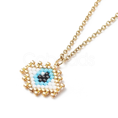 Japanese Seed Braided Rhombus with Evil Eye Pendant Necklace with 304 Stainless Steel Chains for Women NJEW-MZ00001-1