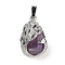 Natural Amethyst Teardrop Pendants, Alloy Peacock Charms, Platinum, 33x19x10mm, Hole: 3.5x9mm