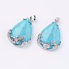 Teardrop with Flower Platinum Plated Brass Dyed Synthetic Turquoise Pendants G-F228-37L-RS-2