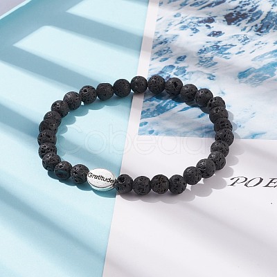 Natural Lava Rock Stretch Bracelet with Alloy Word Gratitude Beaded BJEW-JB08309-04-1