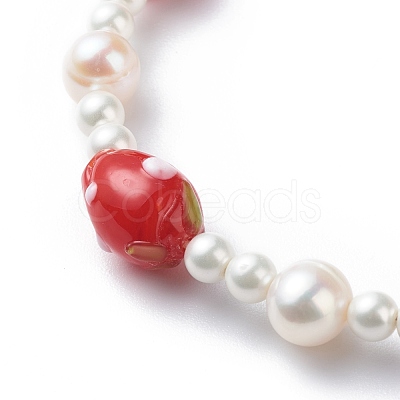 3D Lampwork Strawberry & Shell Pearl Beaded Bracelet for Women BJEW-TA00174-1