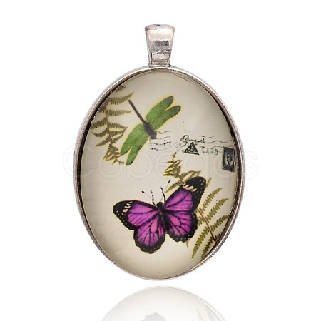 Antique Silver Plated Alloy Glass Butterfly Photo Pendants PALLOY-J340-03AS-1