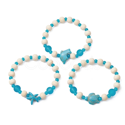 3 Pcs Synthetic Turquoise & Wood & Glass Beaded Stretch Bracelets for Boys Girls BJEW-JB11125-1