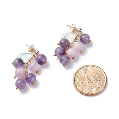 Grape and Leaf Dangle Stud Earrings EJEW-TA00034-1