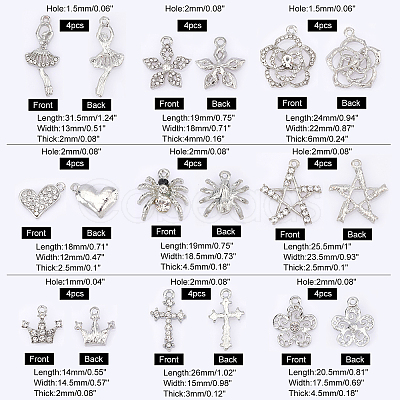 SUPERFINDINGS 36Pcs 9 Styles Alloy Rhinestone Pendants ALRI-FH0001-09-1