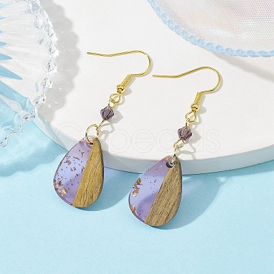 Transparent Resin & Walnut Wood Teardrop Pendant Dangle Earrings EJEW-JE05490-1