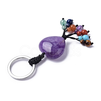 Natural Amethyst Heart with Mixed Gemstone Tassel Keychains KEYC-P012-03P-01-1