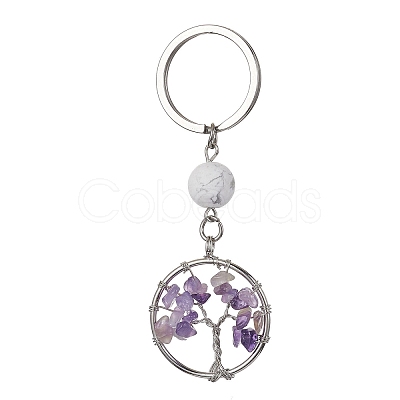 Natural Amethyst & Howlite  Chips Flat Round with Tree of Life Kcychain KEYC-JKC00563-04-1