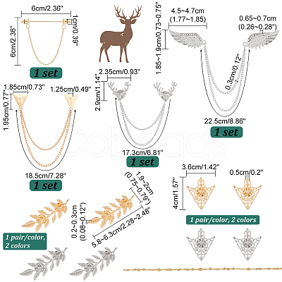 PandaHall Elite 8Pcs 8 Style Antler & Wing & Triangle Hanging Chain Brooches JEWB-PH0001-30-1