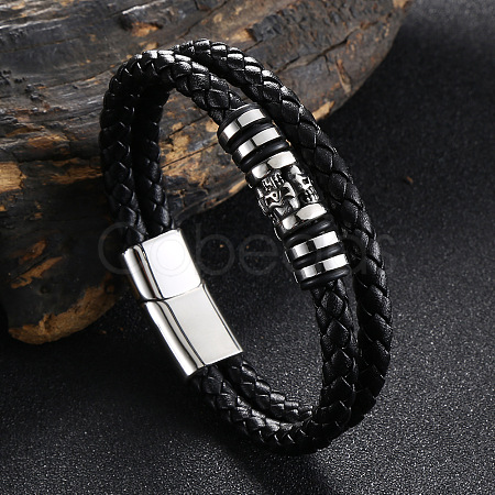 Stainless Steel Skull Beaded Leather Double Layer Multi-strand Bracelet SKUL-PW0004-26A-01-1