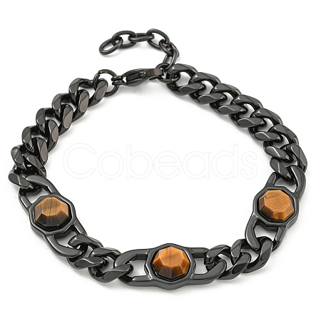 304 Stainless Steel & Natural Tiger Eye Polygon Link Bracelets for Women BJEW-G717-16B-02-1