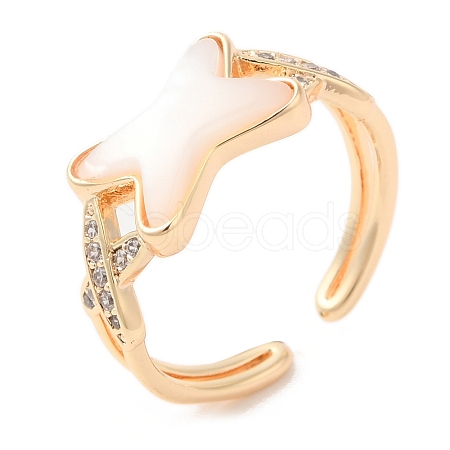 Natural Shell Criss Cross Open Cuff Ring with Cubic Zirconia RJEW-G288-05G-1