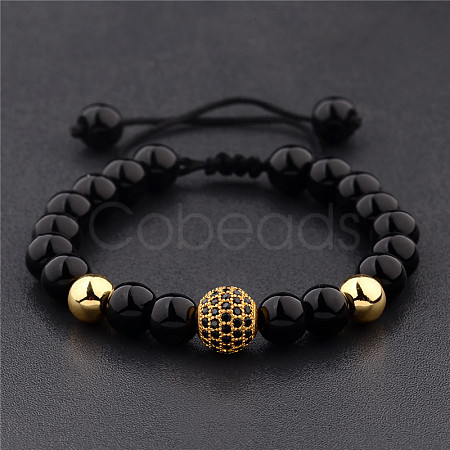 Round Natural Black Onyx(Dyed & Heated) & Brass Pave Cubic Zirconia Braided Bead Bracelets for Women Men QX9034-1-1