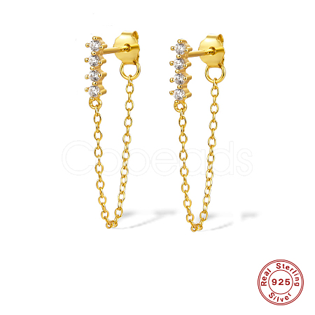 Cubic Zirconia Bar with Chains Tassel Dangle Stud Earrings for Women EJEW-F317-12G-1