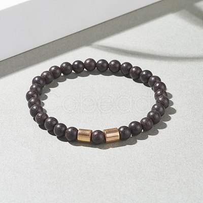 Natural Wood Round Beaded Stretch Bracelet with Synthetic Hematite for Men Women BJEW-JB07549-1