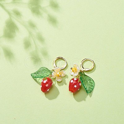 Lampwork Strawberry with Plastic Pearl Flower Dangle Leverback Earring EJEW-TA00130-1