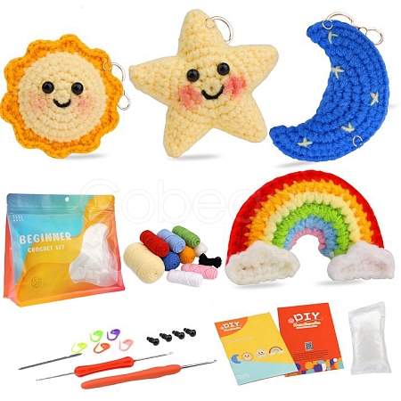 4 Style Sun Moon Star Rainbow Keychain DIY Knitting Kits for Beginners PW-WG13842-01-1