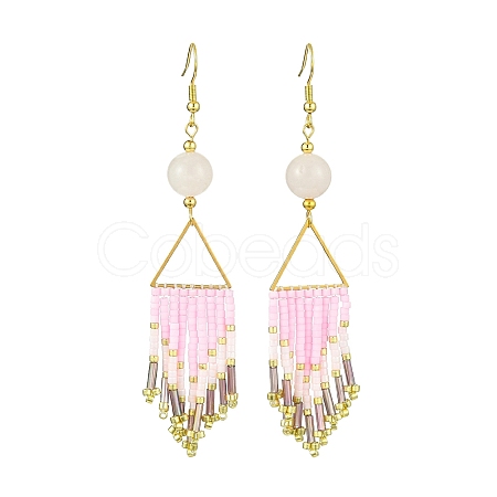 Arrow Tassel Glass Seed with Natural Rose Quartz Dangle Earrings EJEW-MZ00146-1