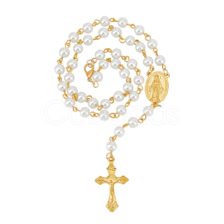 Glass Pearl Rosary Bead Necklace NJEW-PH01480-1