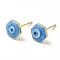 Enamel Hexagon with Evil Eye Stud Earrings, Real 18K Gold Plated Brass Jewelry for Women, Deep Sky Blue, 8x9mm, Pin: 0.8mm