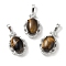 Natural Tiger Eye Oval Pendants, Platinum Tone Brass Micro Pave Clear Cubic Zirconia Flower Charms, Long-Lasting Plated, Lead Free & Cadmium Free, 30x19x10mm, Hole: 7.8x5mm