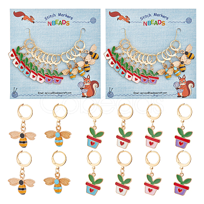 Alloy Enamel Bee & Leaf Planter with Heart Pendant Locking Stitch Markers HJEW-AB00042-1