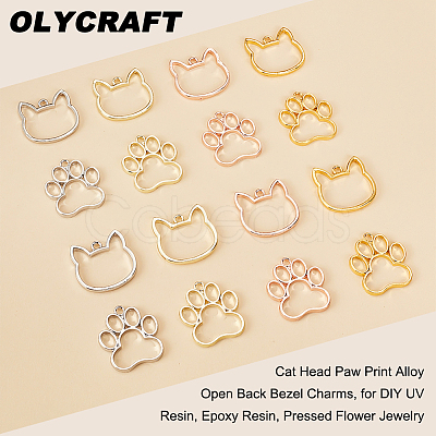 Olycraft 32Pcs 8 Styles Cat Head Paw Print Alloy Open Back Bezel Charms PALLOY-OC0002-99-1