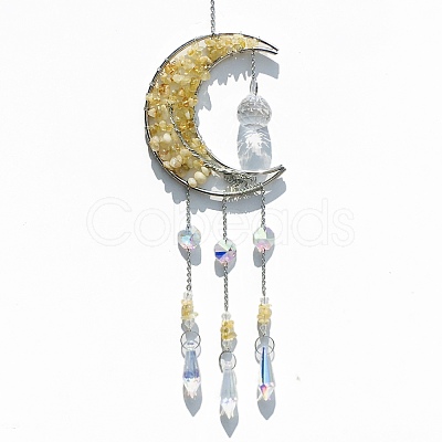 Wire Wrapped Natural Citrine Chips & Metal Moon with Tree of Life Hanging Ornaments PW-WGC1F9E-02-1