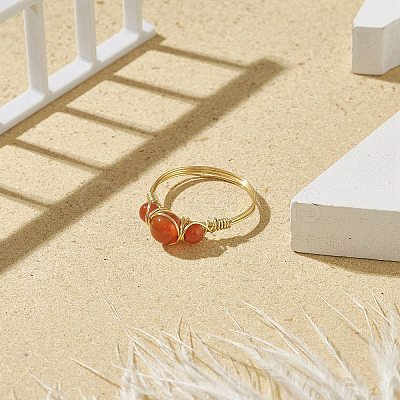 Natural Carnelian Round Braided Beaded Finger Ring RJEW-JR00550-01-1