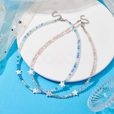 2Pcs 2 Color Glass & Natural Shell Star Beaded Necklaces Set NJEW-JN04646-02-1