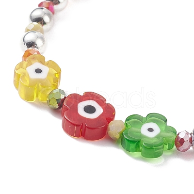 Flower with Evil Eye Glass & Iron Beaded Stretch Bracelet for Women BJEW-JB08076-1