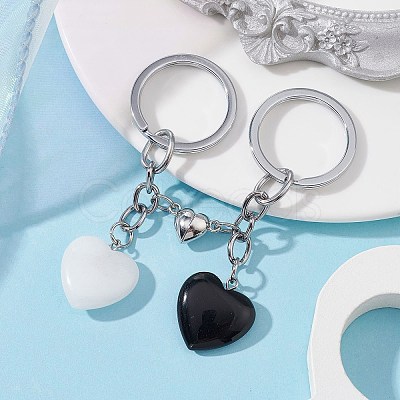 Natural Black Stone & Natural White Jade Heart Keychains KEYC-JKC00548-1