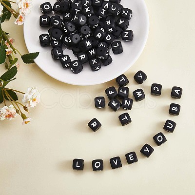 20Pcs Black Cube Letter Silicone Beads 12x12x12mm Square Dice Alphabet Beads with 2mm Hole Spacer Loose Letter Beads for Bracelet Necklace Jewelry Making JX433B-1