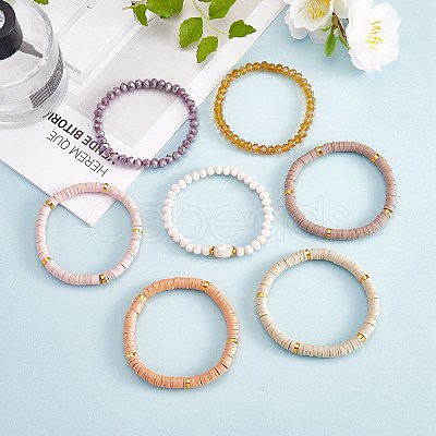 7Pcs 7 Style Handmade Polymer Clay Heishi Surfer Stretch Bracelets Set BJEW-SW00073-04-1