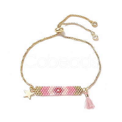 Handmade Japanese Seed Rectangle & Star & Tassel Charms Slider Bracelet BJEW-MZ00013-02-1