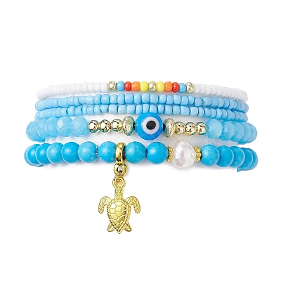 5Pcs 5 Style Evil Eye Lampwork & Synthetic Turquoise & Natural Pearl  Beaded Stretch Bracelets Set BJEW-JB09708-1