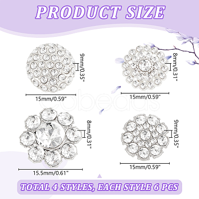 AHADERMAKER 24Pcs 4 Styles 1-Hole Alloy Rhinestone Shank Buttons BUTT-GA0001-18-1