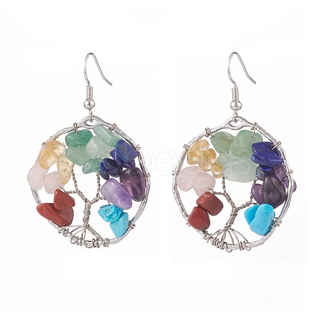 Natural & Synthetic Mixed Gemstone Chips Braided Ring with Tree of Life Dangle Earrings EJEW-JE04881-01-1