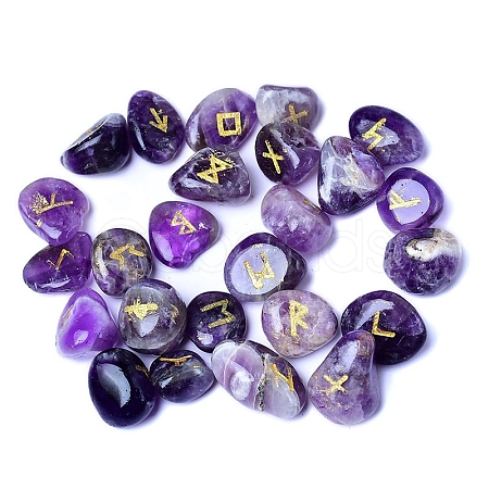 25Pcs Natural Amethyst Viking Runes Engraved Stone PW-WG1414A-01-1