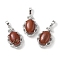 Natural Red Jasper Oval Pendants, Platinum Tone Brass Micro Pave Clear Cubic Zirconia Flower Charms, Long-Lasting Plated, Lead Free & Cadmium Free, 30x19x10mm, Hole: 7.8x5mm