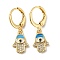 Real 18K Gold Plated Brass Dangle Leverback Earrings, with Enamel and Cubic Zirconia, Hamsa Hand with Evil Eye, Deep Sky Blue, 26x9mm