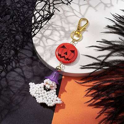 Hallowmas Ghost Handmade Glass Seed Beads Pendants Decorations HJEW-MZ00066-1