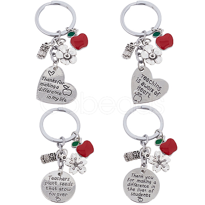 Gorgecraft 4Pcs 4 Style Teachers' Day Flat Round & Heart with Word Keychain KEYC-GF0001-10-1