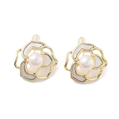 Natural Pearl Flower Stud Earrings with Shell EJEW-P256-61G-1